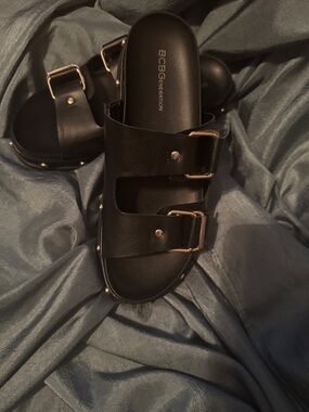 BCBGeneration Bomba Platform 9 Black Slide Sandals with Gold Buckles